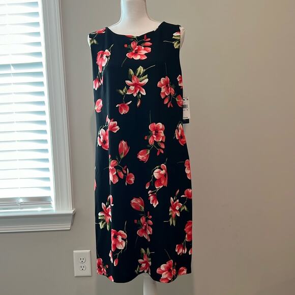 NWT $74 AGB Plus Size 16 Essential Sheath Black Red Floral Dress Career Midi - Picture 1 of 16